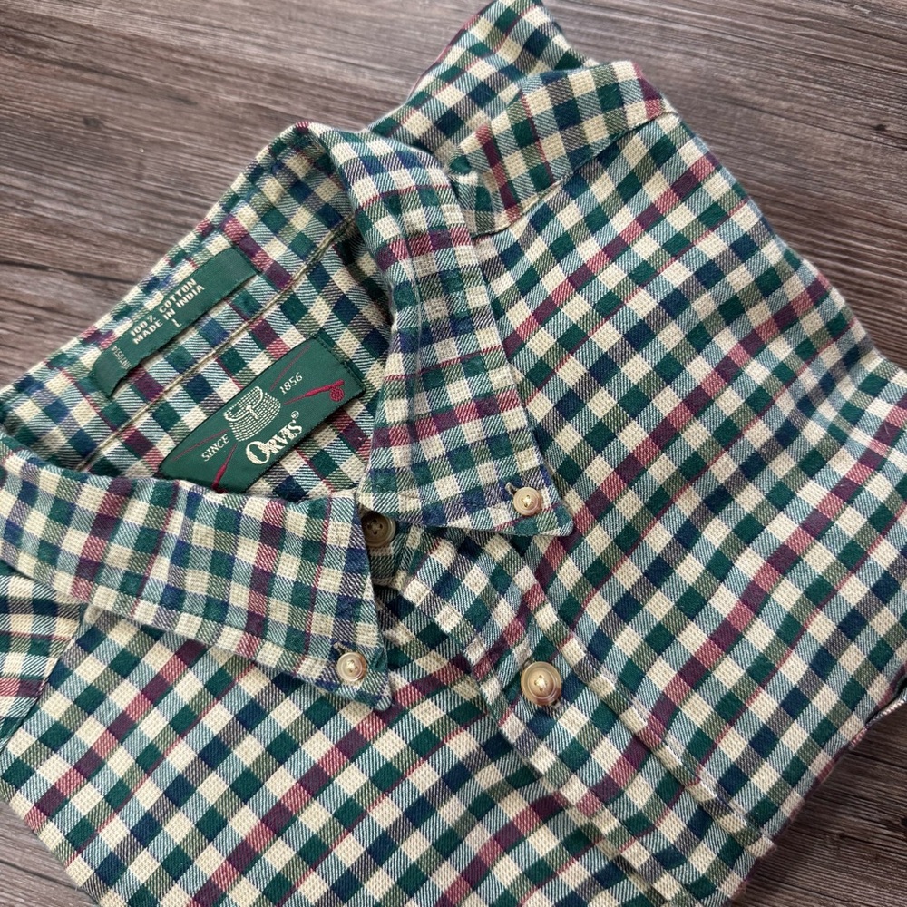 Vintage Orvis Mens XL Plaid Button Down Shirt Green Burgundy Cotton Long Sleeve